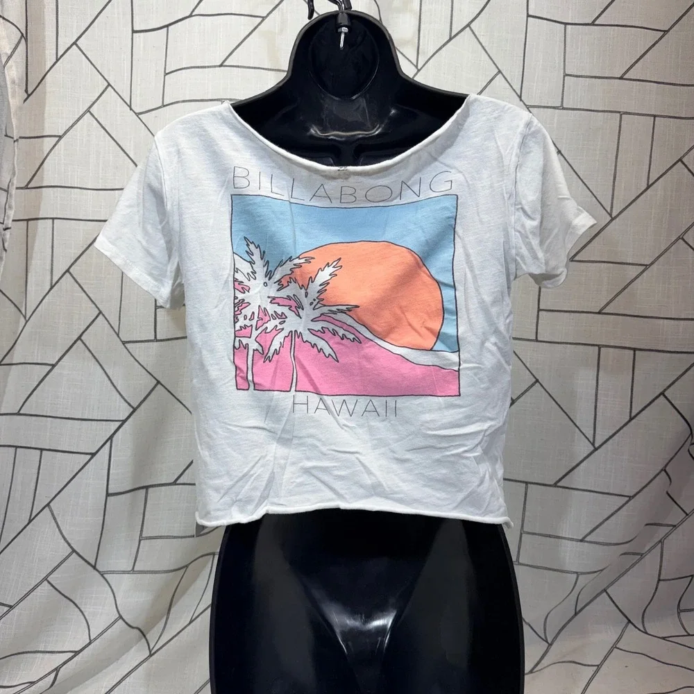 Billabong Hawaii Graphic T-Shirt Small White Cropped Raw‎ Hem Sunset Palm Tree